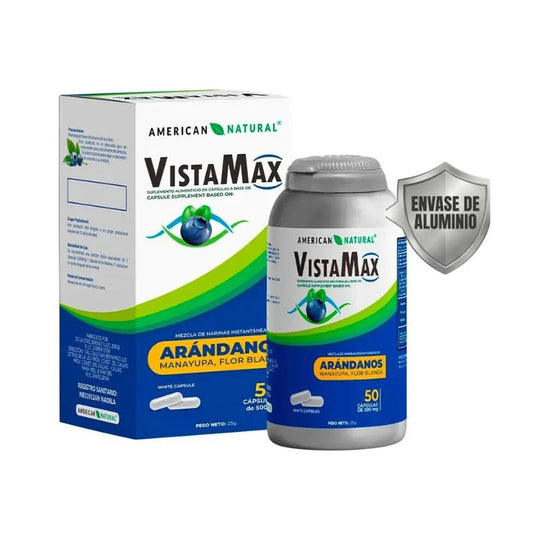 Vista Max, suplemento natural para los ojos con extracto de arándano y protector de envase de aluminio.