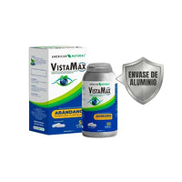 Vista Max, suplemento natural para los ojos con extracto de arándano y protector de envase de aluminio.